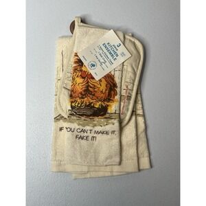 Vtg Kitchen Towel 3 Pc Set MCM Chicken Rooster Humor Potholder Dish Cloth